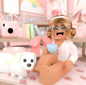 一個Roblox角色在粉紅色房間裡與狗公仔一起笑著，手持馬克杯。 — 狗 壁紙