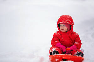 穿著紅色雪衣的小孩坐在雪地上的雪橇上