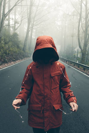 穿紅色外套的人在霧氣森林道路上手持仙女燈