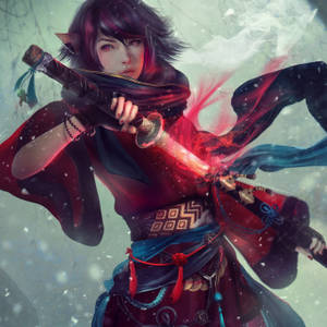 動漫戰士在雪地戰鬥場景中手持發光劍
