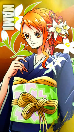 動漫女孩娜美穿著傳統日本和服，帶有花卉圖案和白色花朵。