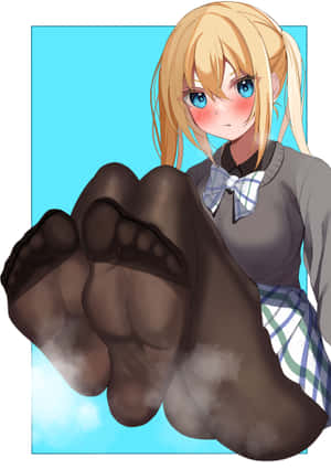 動漫女學生穿著校服，因巨大的腳出現在面前而臉紅。