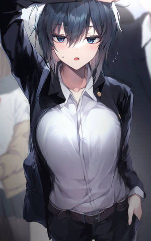 穿著校服的動漫女孩伸展身體，表情豐富。