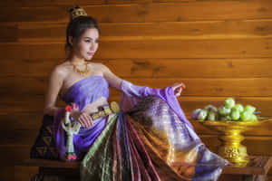 身穿泰國傳統服飾的女性坐在木桌旁，旁邊放著一碗綠色水果。