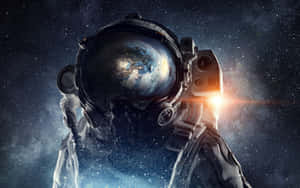 穿著太空衣的太空人透過頭盔面罩，在繁星背景和太陽耀斑中觀看地球。 — 太空美學 GIF 壁紙