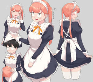 四個動畫女僕穿著黑白制服配橙色蝴蝶結一起擺姿勢。