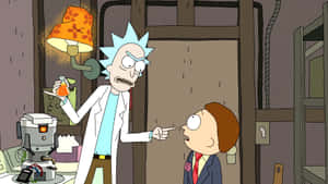 Rick Sanchez在雜亂的實驗室中憤怒地指著Morty Smith。 — 愛就是愛 壁紙