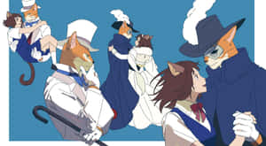 穿著正式復古服裝的擬人貓咪在風格化插圖中擺姿勢。 — 搞笑貓 壁紙