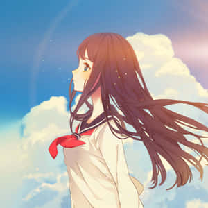 穿著校服的動漫女孩仰望藍天白雲。 — iPad (A16) 壁紙