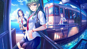 在閃爍藍色海洋旁邊的未來火車站揮手的動漫女學生。 — 可愛動漫女仔 壁紙