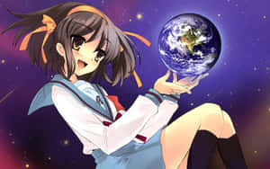 穿著校服的動漫女孩在太空中手持地球，背景有星星。 — 堀與宮村 壁紙