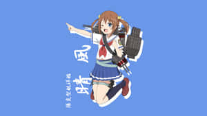 穿著水手服的動漫女孩，背著砲塔，在藍色背景前開心地指著。 — 簡單 壁紙