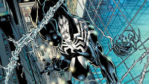 Venom 在城市中擺盪，背上附著一個蜘蛛共生體。