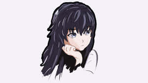 黑髮藍眼動漫女孩用手托腮。 — 可愛動漫女仔 壁紙