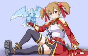 穿著紅色服裝、雙馬尾的動漫女孩抱著一隻藍色小龍。 — 刀劍神域 GIF 壁紙