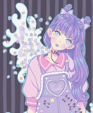 紫色頭髮的動漫女孩呼出柔和色調的彩色心形和星星。
