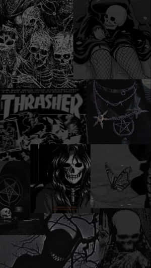 黑暗拼貼畫，包含骷髏頭、五角星和 Thrasher 雜誌圖像。