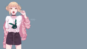 金髮雙馬尾、身穿粉紅色外套和頸鏈的動漫女孩俏皮地微笑。 — Himiko toga GIF 壁紙