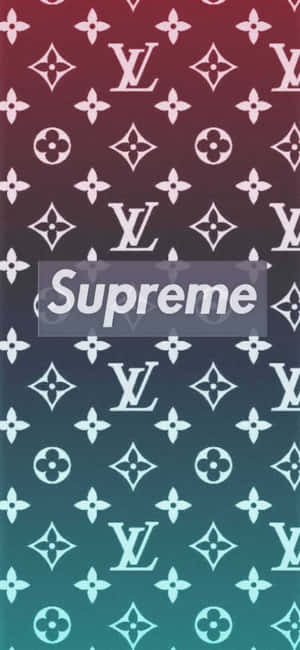 Supreme 標誌疊加在 Louis Vuitton 字母組合圖案漸變背景上。 — 藍色 壁紙