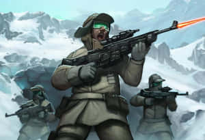 穿著冬季裝備的士兵在雪地山景中射擊步槍。 — 槍 壁紙