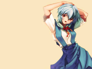 藍髮紅眼動漫少女穿著校服擺姿勢。