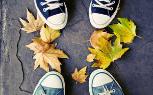 Child's blue sneakers with fallen autumn leaves on stone pavement.