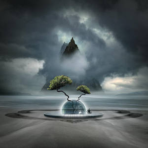 一個人在暴風雨的天空下，跪在一個發光裂開的球體旁邊，球體上長出兩棵樹，在海灘上。