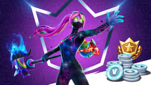 Fortnite角色手持發光錘子，附近有硬幣和獎盃。