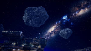 未來風格的太空船飛過小行星，背景是充滿活力的銀河。