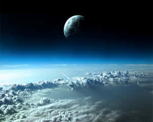 火箭穿過雲層升向太空中的遙遠行星。