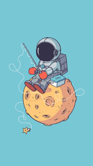 太空人在月球上釣魚，附近有一顆星星。