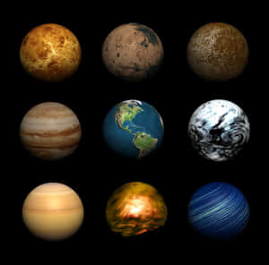 九顆行星的網格，包括地球、木星和金星，在黑色太空背景上。