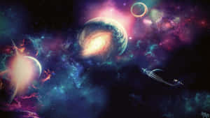 在深空中充滿活力的宇宙場景，有發光的行星和色彩繽紛的星雲。