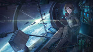 動漫女孩在太空站駕駛艙內，窗外可見地球和星艦。 — 4K太空 壁紙