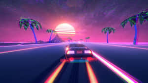 霓虹燈照亮汽車在發光的高速公路上疾馳，背景是鮮豔的夕陽和幾何棕櫚樹。