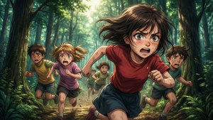 孩子們睜大眼睛、頭髮飛揚，驚恐地跑過森林。 — 約定的夢幻島 壁紙