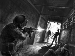 士兵向從門口進入的喪屍開步槍射擊。