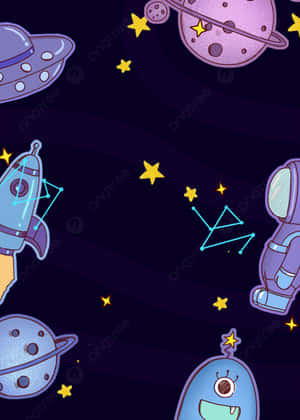 卡通外星人、火箭和行星在黑暗的太空場景中漂浮在閃爍的星星之間。