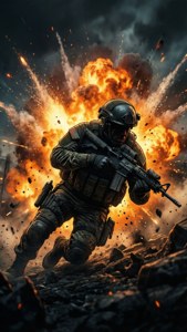 身穿戰鬥裝備的士兵在充滿爆炸的戰場上奔跑