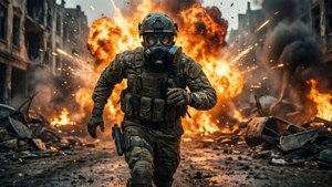 士兵在戰鬥中跑過燃燒的城市廢墟。 — 使命召喚：現代戰爭 壁紙