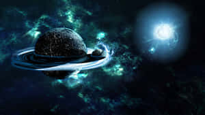 一顆環狀行星在發光的青綠色星雲中繞著一顆明亮恆星運行。