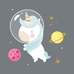 一隻微笑的獨角獸太空人在星星和行星附近的太空中漂浮。