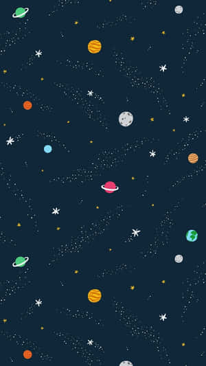 在深色背景上，一個色彩繽紛的卡通太空場景，包含行星、星星和流星。