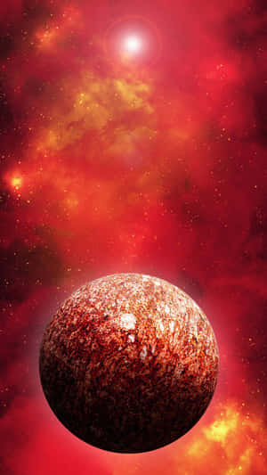 一顆岩石行星在熾熱的紅色和橙色星雲中，伴隨著發光的星星。