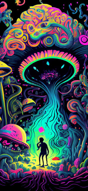 一個人的剪影站在一個超現實的霓虹森林中的巨大發光蘑菇下。