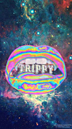 迷幻嘴唇帶有 'TRIPPY' 文字，背景為色彩繽紛的宇宙。