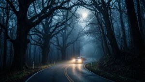 汽車在夜間穿過霧氣瀰漫的森林，有禿樹和月光。 — 恐怖 GIF 壁紙