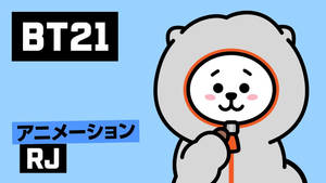 BT21卡通熊角色穿著灰色連帽衫，配有橙色拉鍊，微笑著。