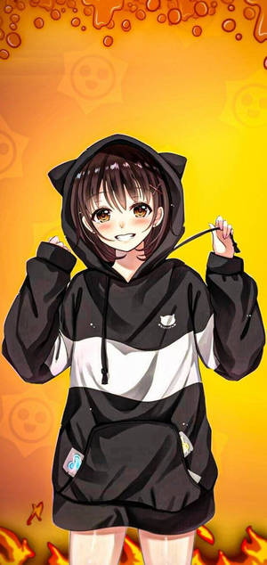 動漫女孩穿著黑色貓耳連帽衫，在火橙色背景上微笑。