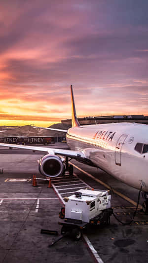 達美航空飛機在色彩繽紛的日落時停放在機場停機坪上。 — 藍天 壁紙
